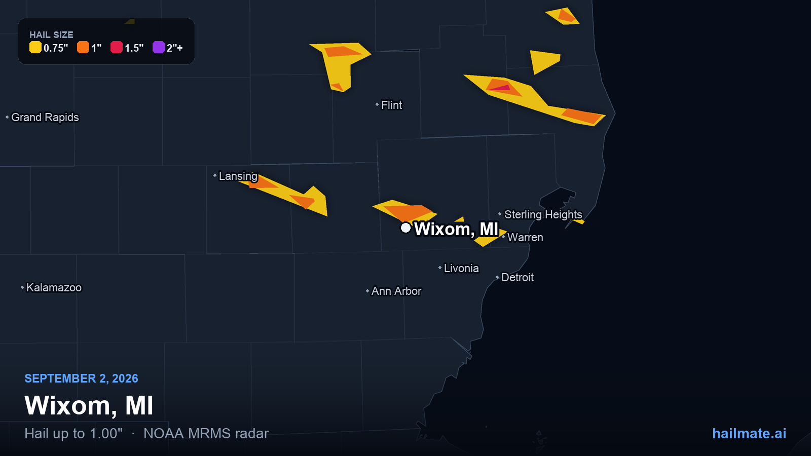 Hail swath map for Wixom, MI on September 2, 2026 showing 1.00 inch hail.