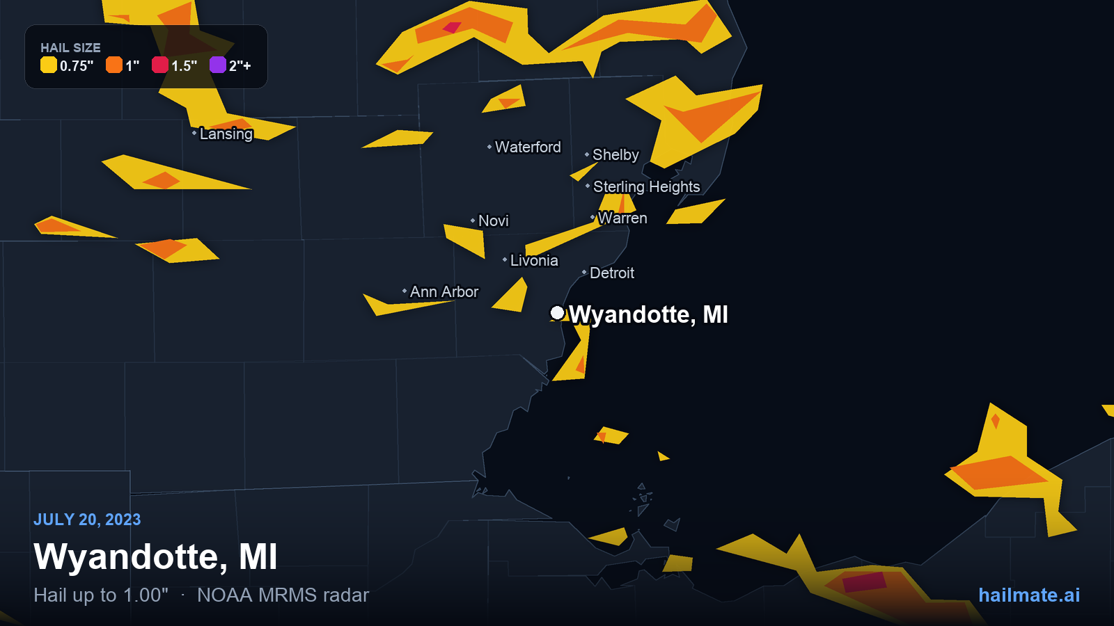 Hail swath map for Wyandotte, MI on July 20, 2023 showing 1.00 inch hail.