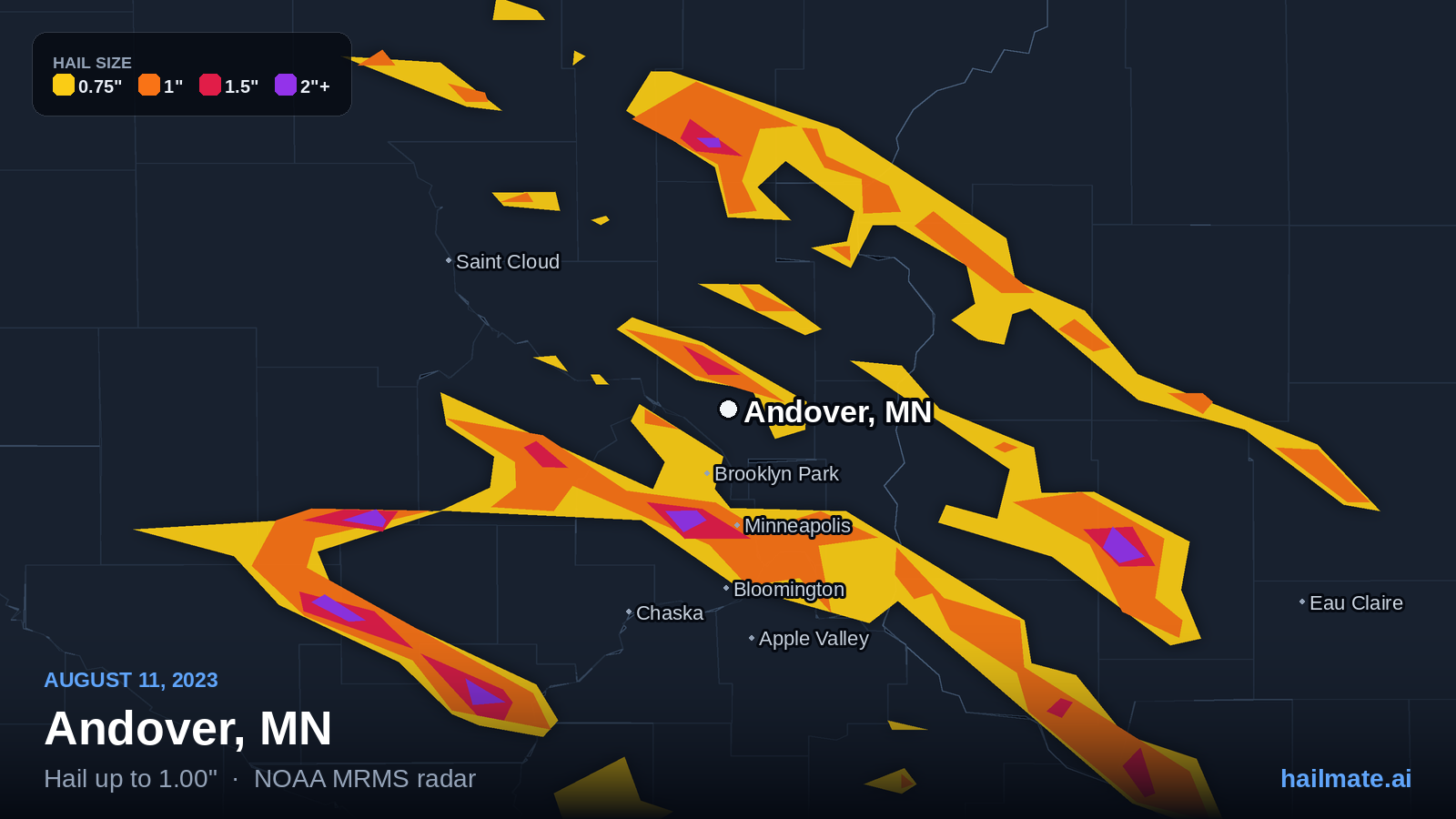 Hail swath map for Andover, MN on August 11, 2023 showing 1.00 inch hail.