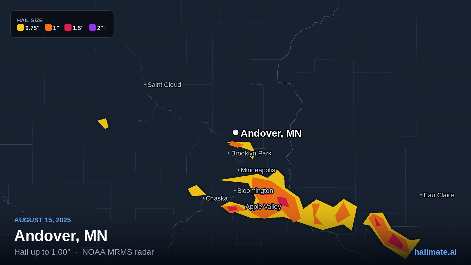 Hail swath map for Andover, MN on August 15, 2025 showing 1.00 inch hail.