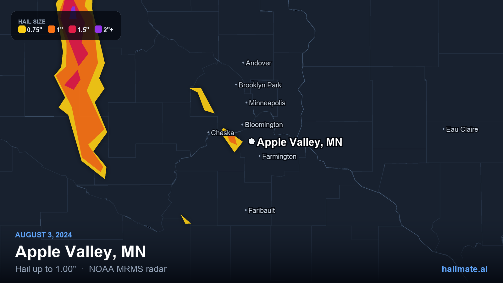 Hail swath map for Apple Valley, MN on August 3, 2024 showing 1.00 inch hail.