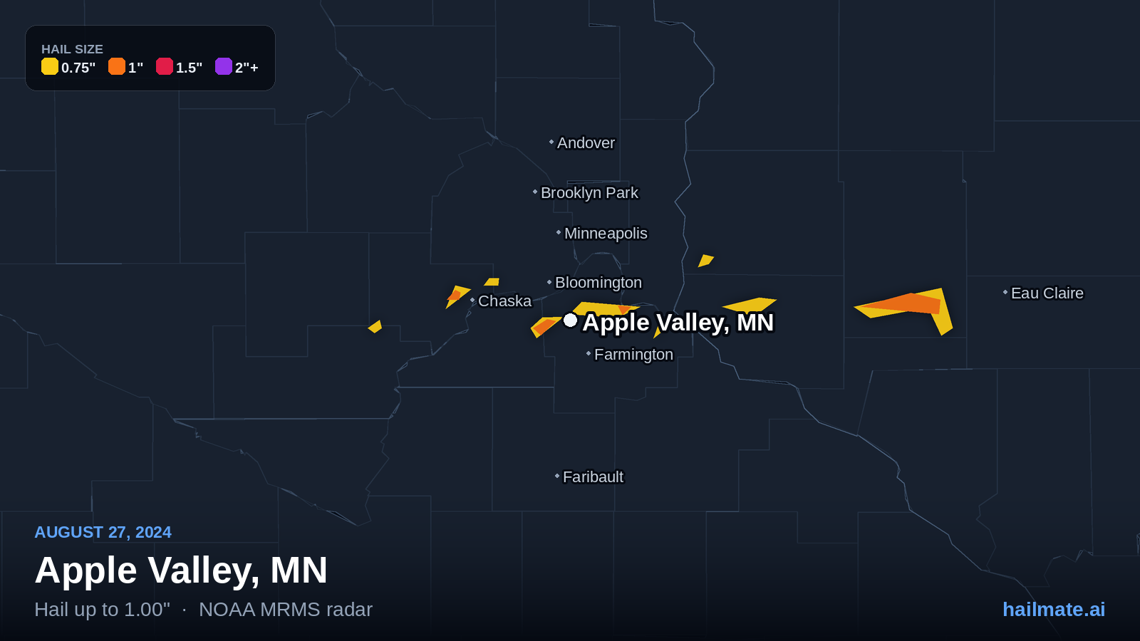 Hail swath map for Apple Valley, MN on August 27, 2024 showing 1.00 inch hail.
