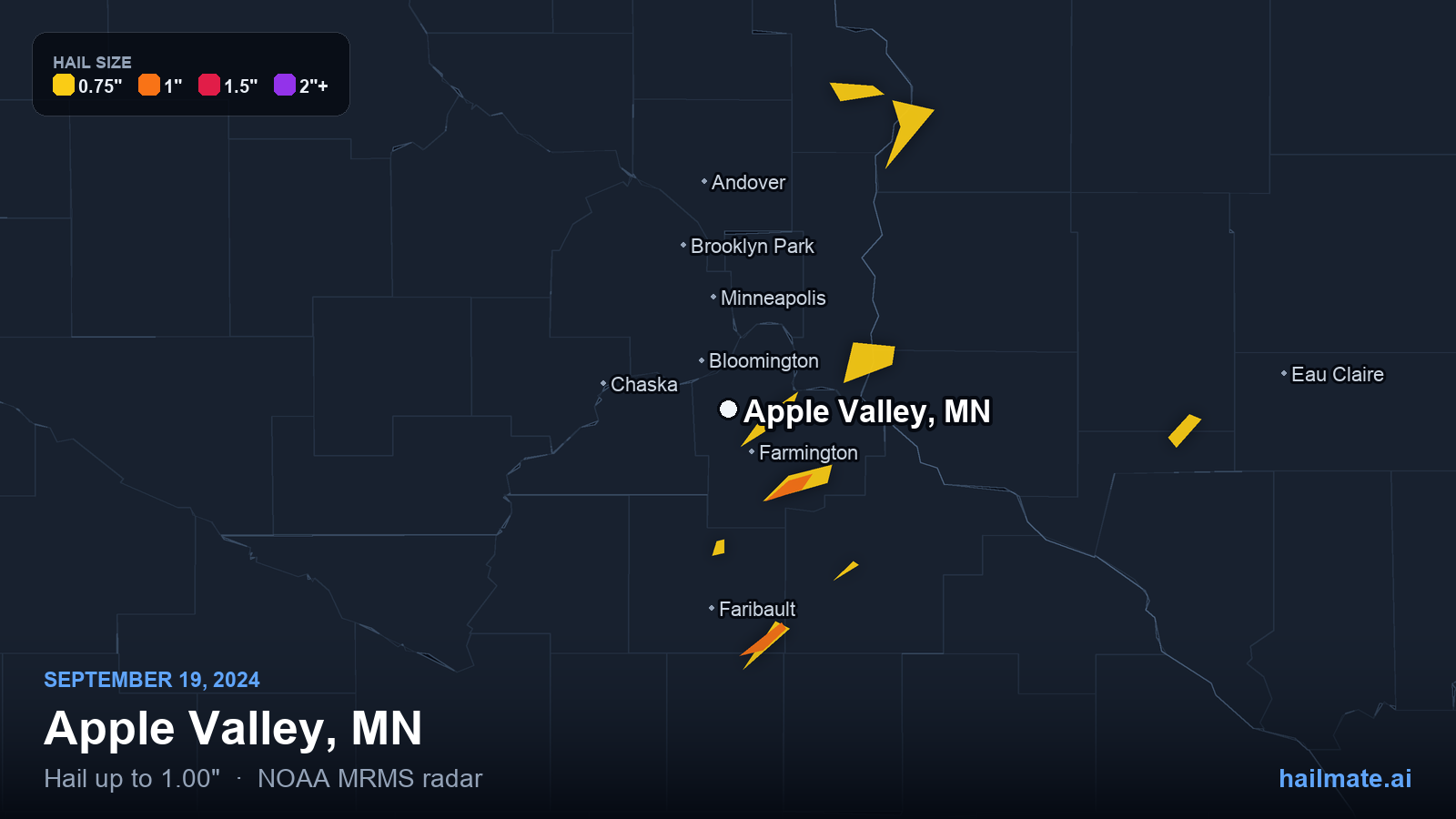 Hail swath map for Apple Valley, MN on September 19, 2024 showing 1.00 inch hail.