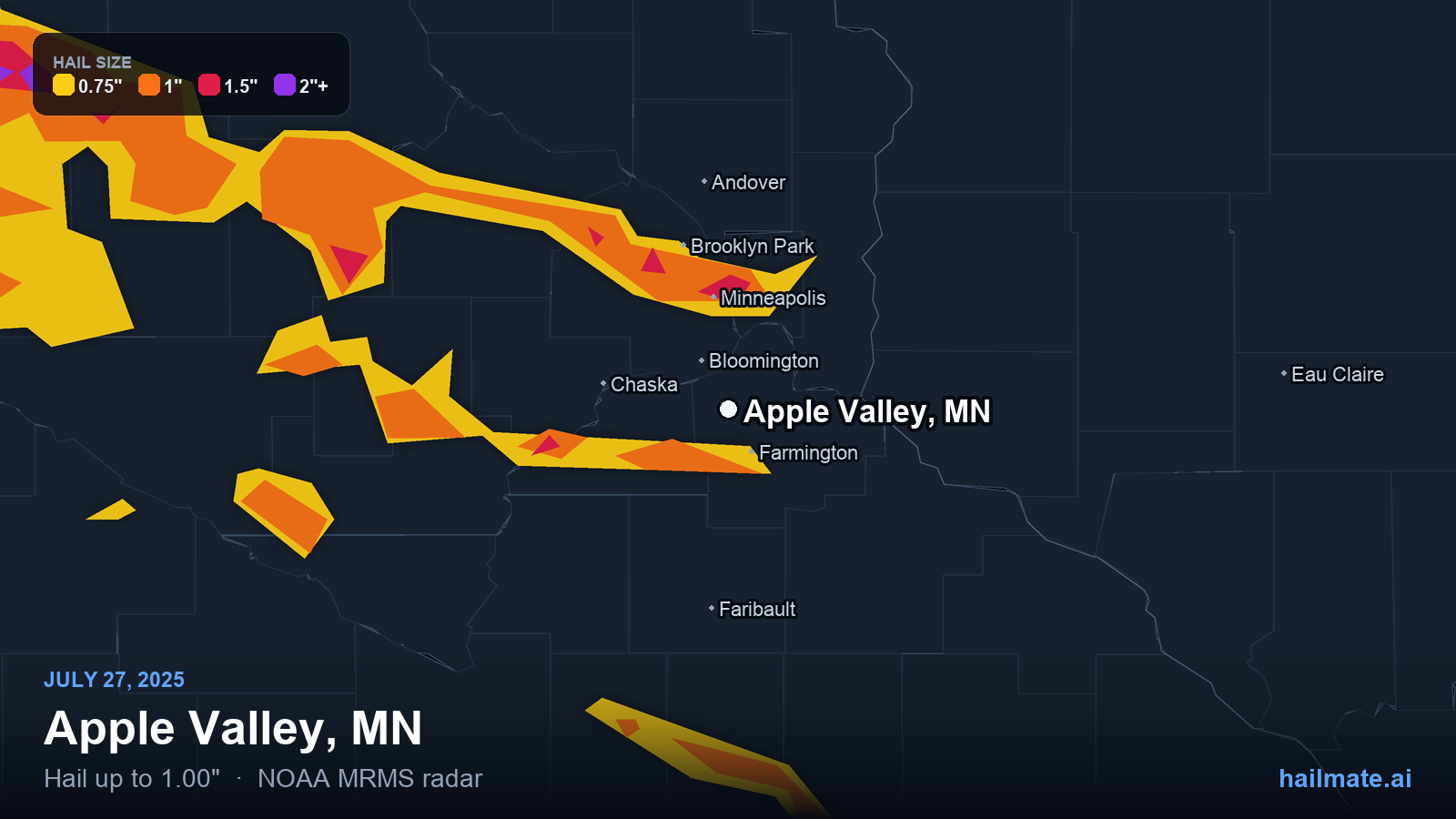 Hail swath map for Apple Valley, MN on July 27, 2025 showing 1.00 inch hail.