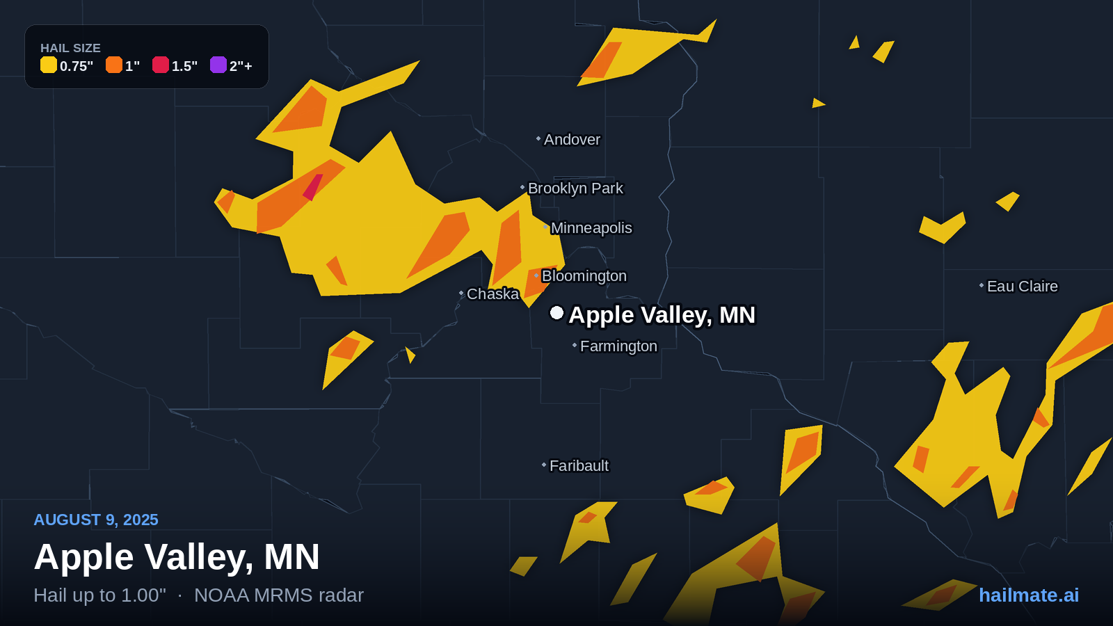 Hail swath map for Apple Valley, MN on August 9, 2025 showing 1.00 inch hail.