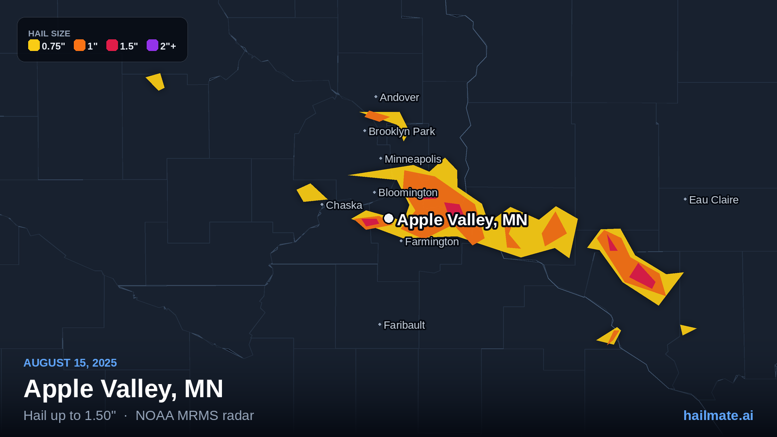 Hail swath map for Apple Valley, MN on August 15, 2025 showing 1.50 inch hail.
