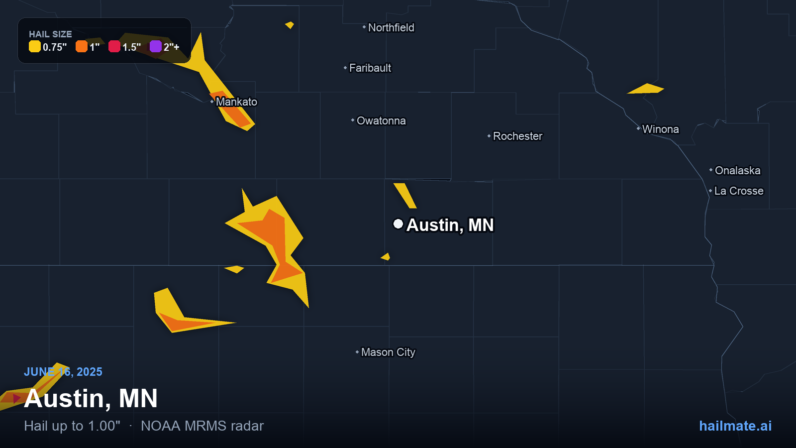 Hail swath map for Austin, MN on June 16, 2025 showing 1.00 inch hail.
