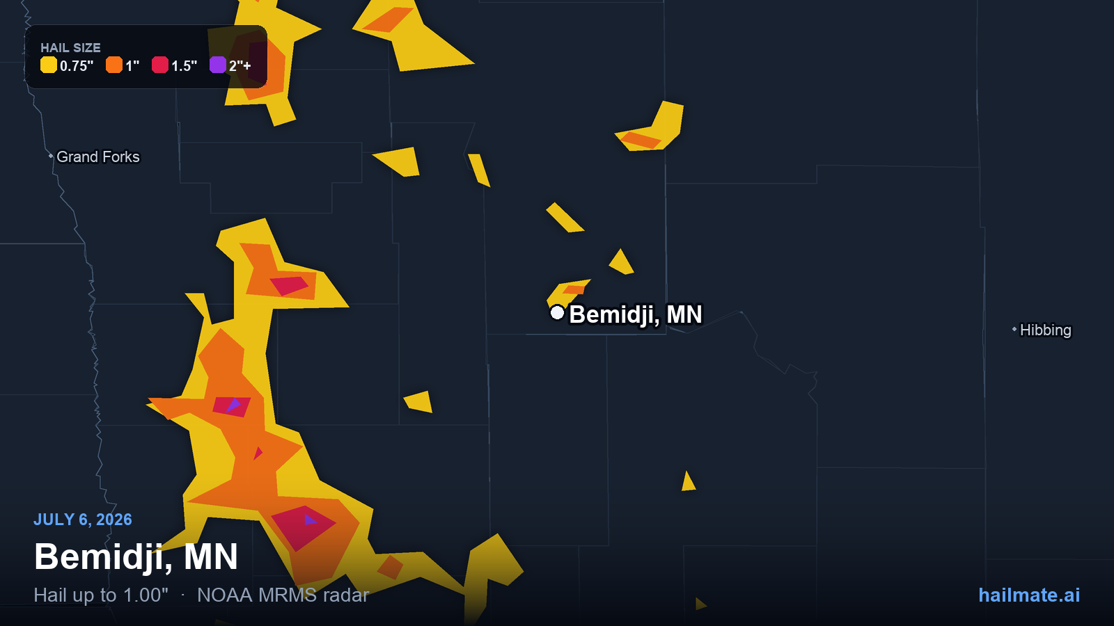 Hail swath map for Bemidji, MN on July 6, 2026 showing 1.00 inch hail.