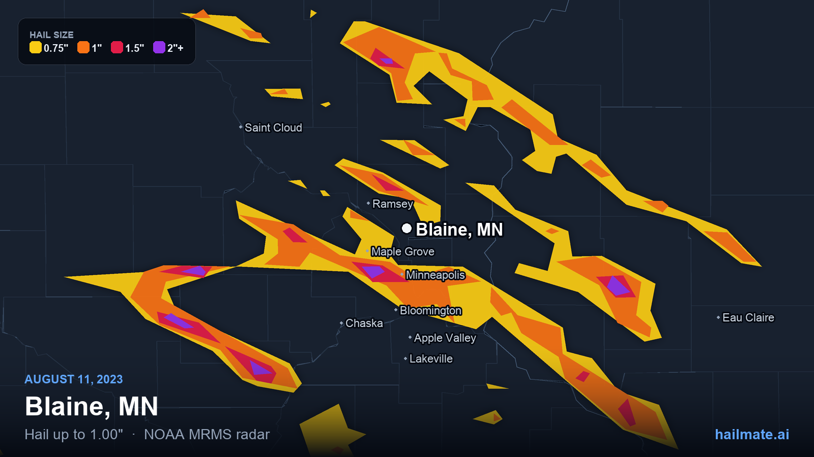 Hail swath map for Blaine, MN on August 11, 2023 showing 1.00 inch hail.