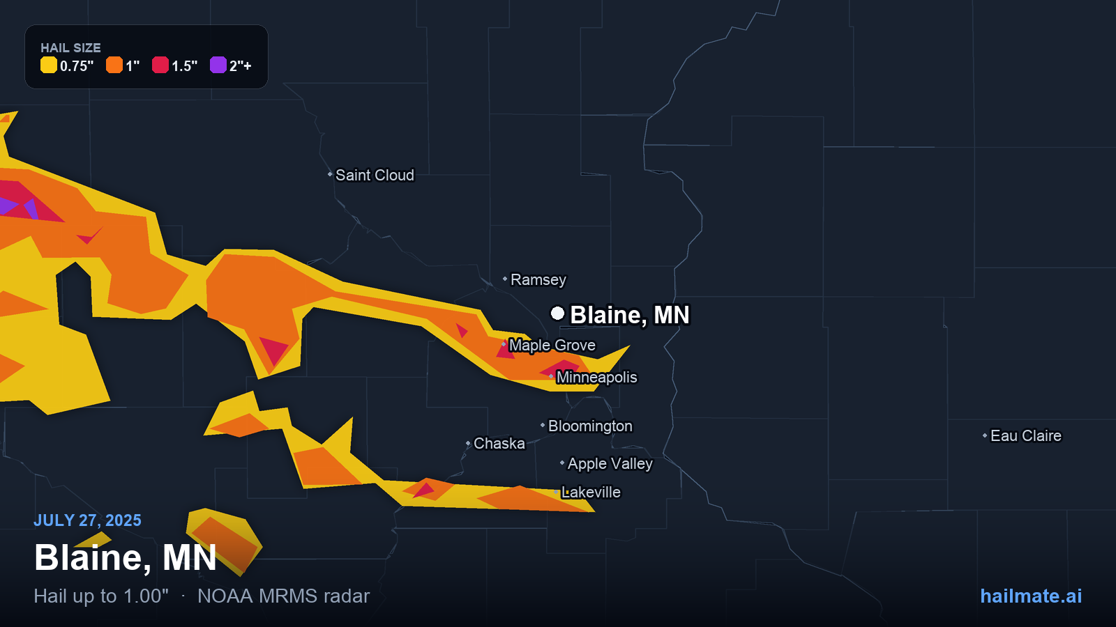 Hail swath map for Blaine, MN on July 27, 2025 showing 1.00 inch hail.