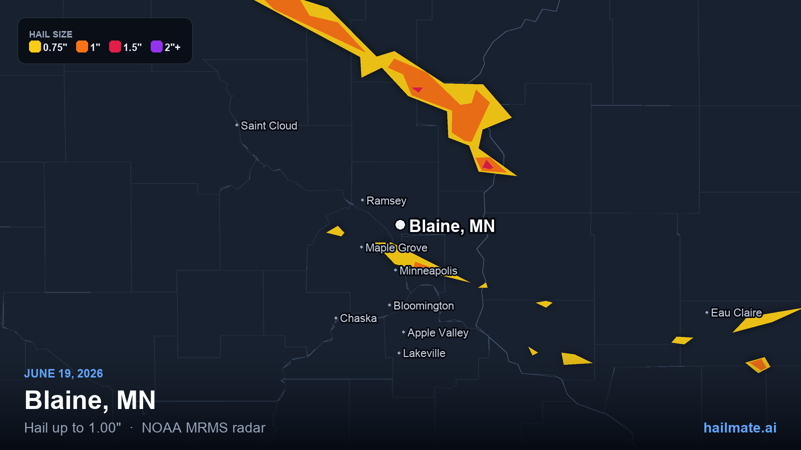 Hail swath map for Blaine, MN on June 19, 2026 showing 1.00 inch hail.