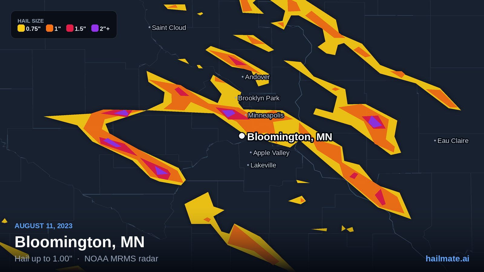 Hail swath map for Bloomington, MN on August 11, 2023 showing 1.00 inch hail.
