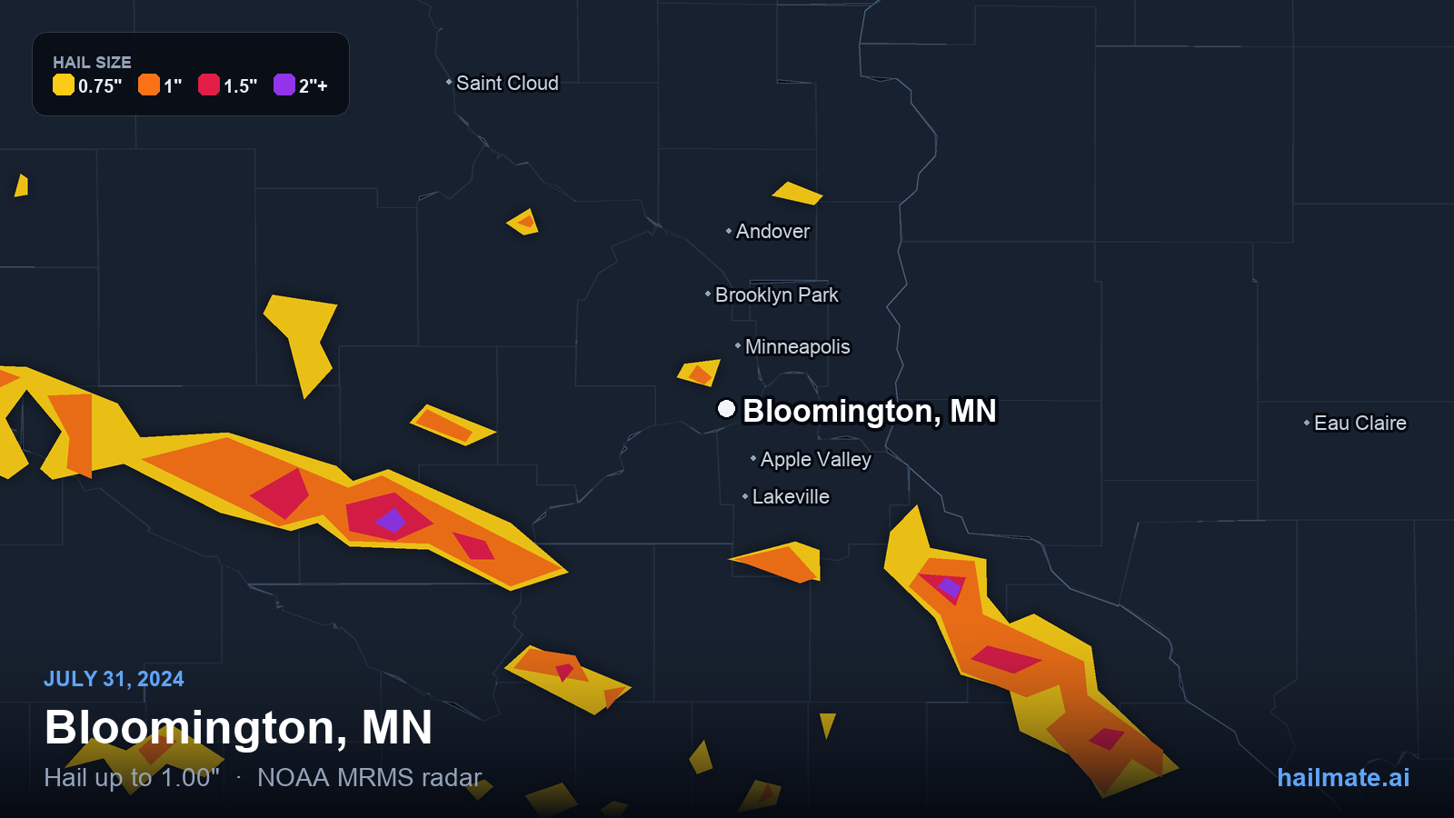 Hail swath map for Bloomington, MN on July 31, 2024 showing 1.00 inch hail.