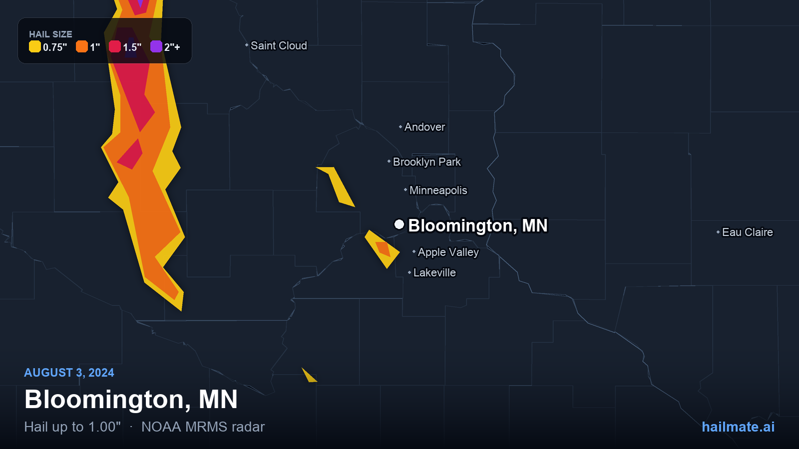 Hail swath map for Bloomington, MN on August 3, 2024 showing 1.00 inch hail.