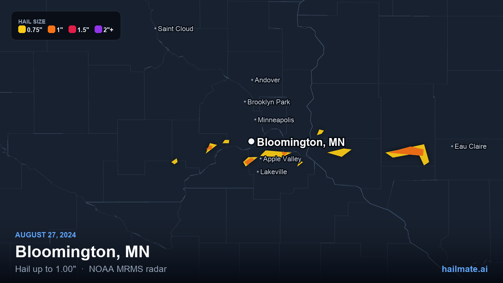 Hail swath map for Bloomington, MN on August 27, 2024 showing 1.00 inch hail.