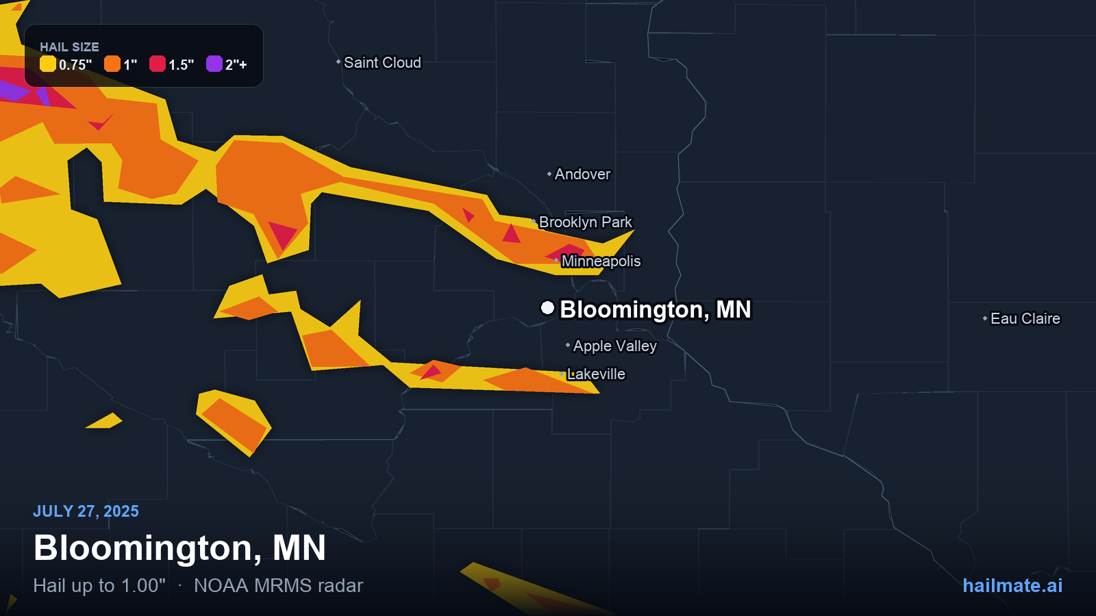 Hail swath map for Bloomington, MN on July 27, 2025 showing 1.00 inch hail.
