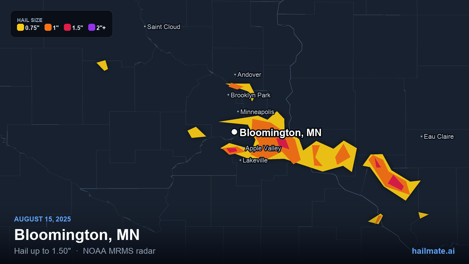 Hail swath map for Bloomington, MN on August 15, 2025 showing 1.50 inch hail.