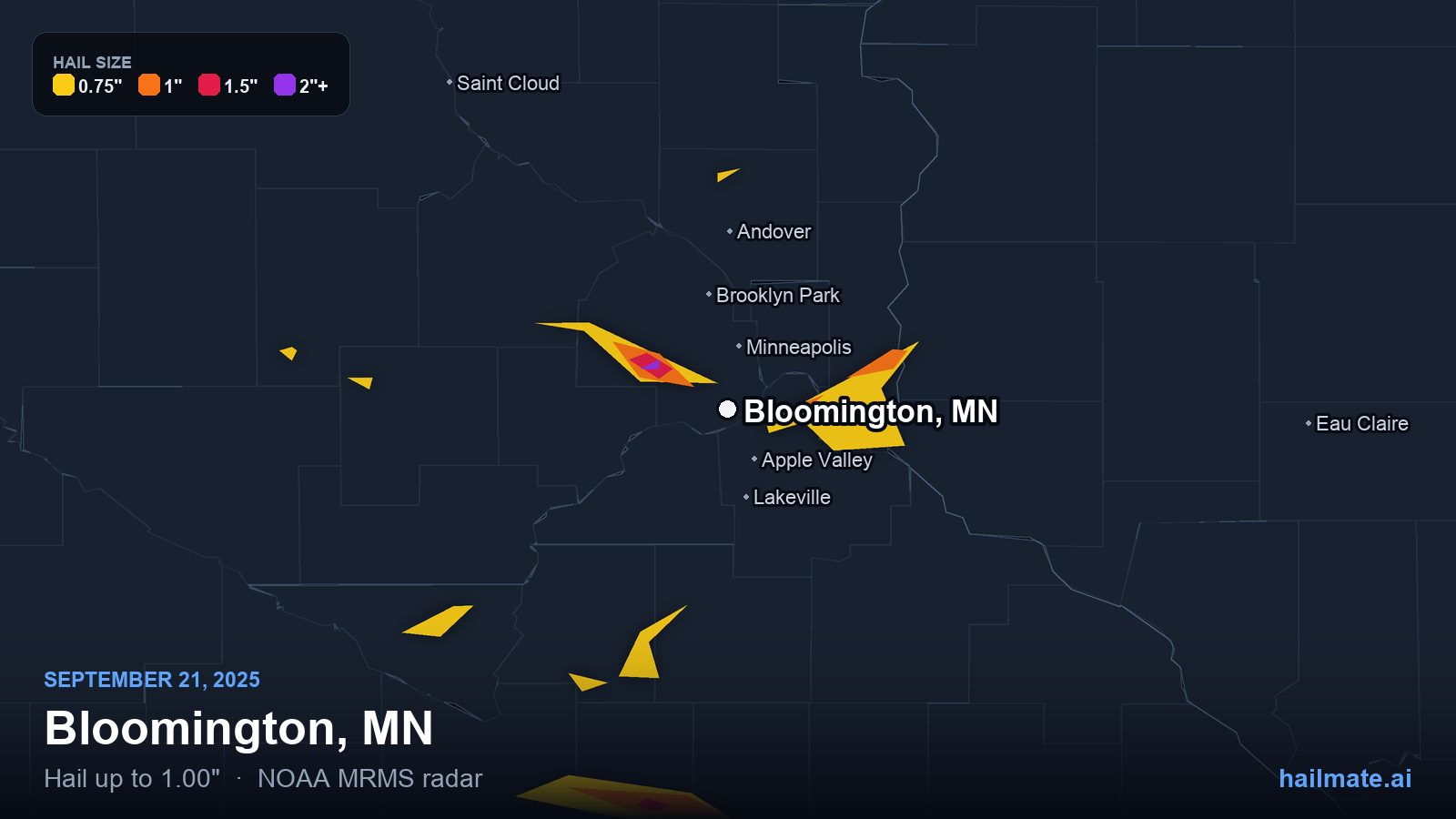 Hail swath map for Bloomington, MN on September 21, 2025 showing 1.00 inch hail.