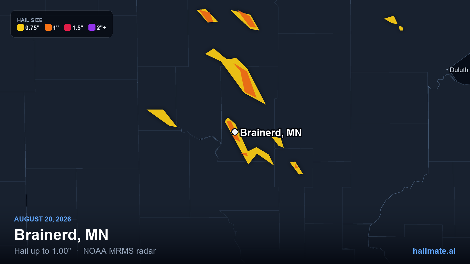 Hail swath map for Brainerd, MN on August 20, 2026 showing 1.00 inch hail.