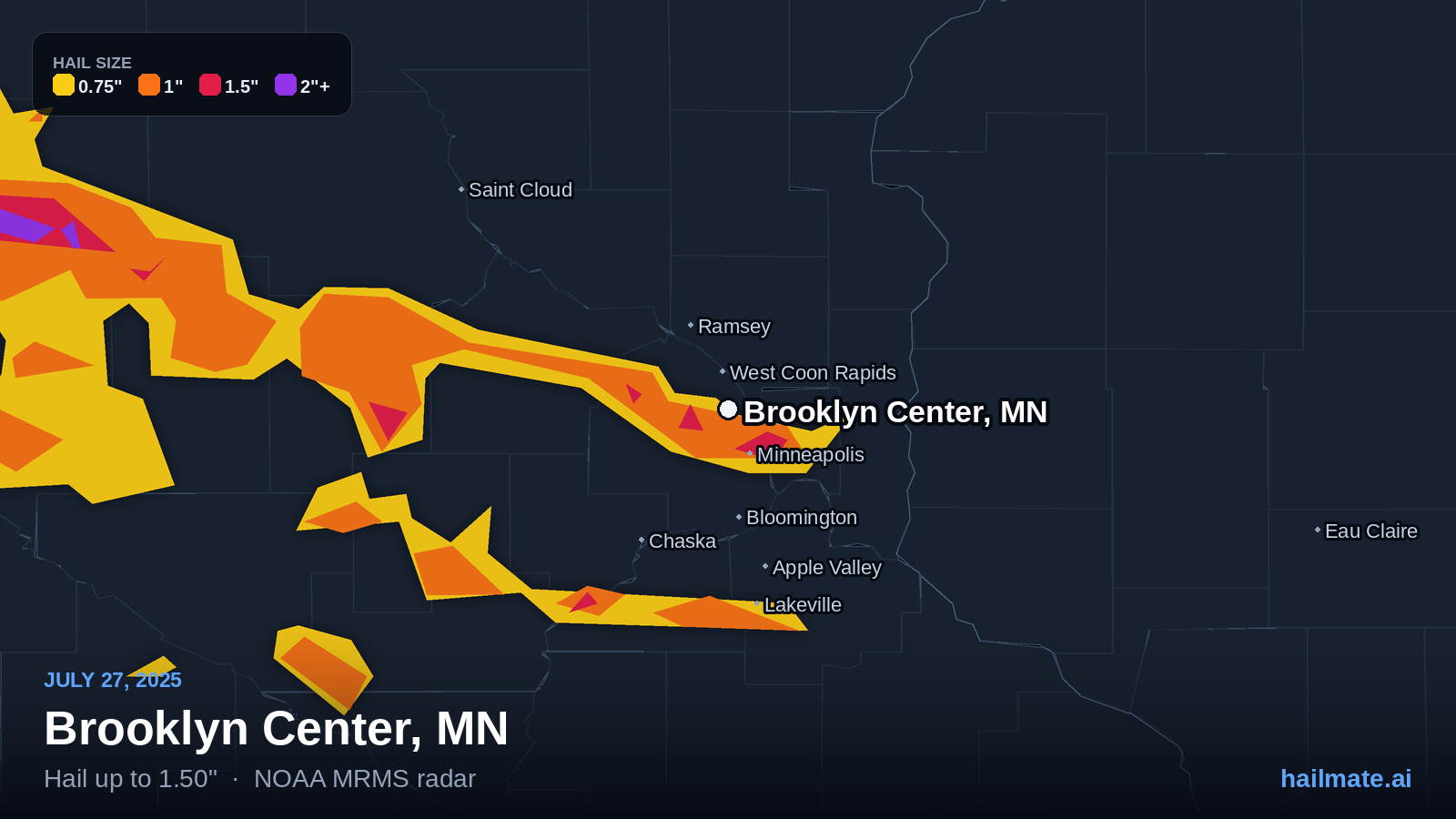 Hail swath map for Brooklyn Center, MN on July 27, 2025 showing 1.50 inch hail.