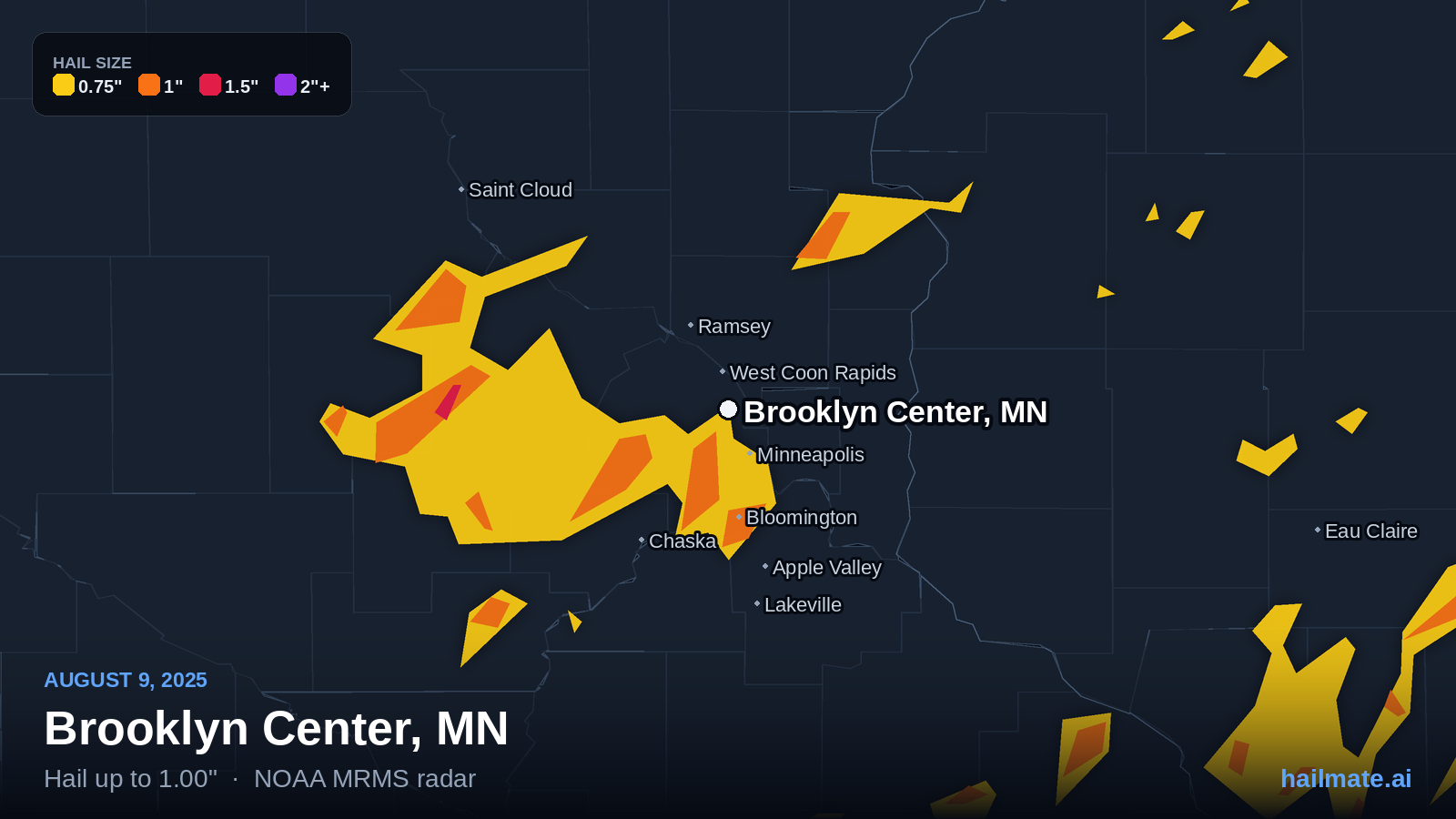 Hail swath map for Brooklyn Center, MN on August 9, 2025 showing 1.00 inch hail.