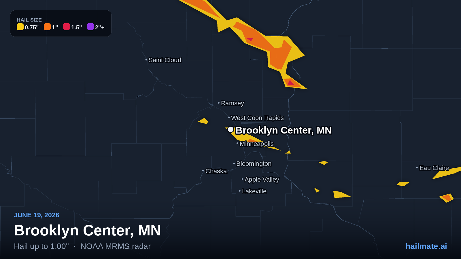 Hail swath map for Brooklyn Center, MN on June 19, 2026 showing 1.00 inch hail.