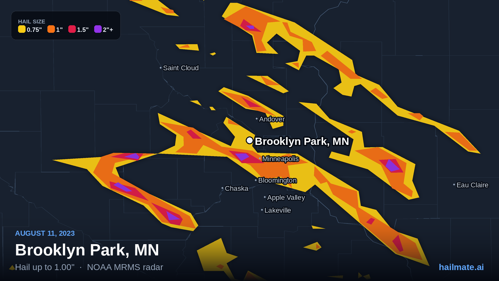 Hail swath map for Brooklyn Park, MN on August 11, 2023 showing 1.00 inch hail.