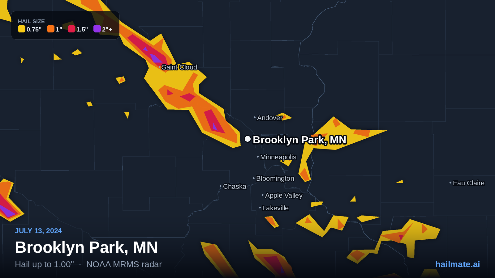 Hail swath map for Brooklyn Park, MN on July 13, 2024 showing 1.00 inch hail.