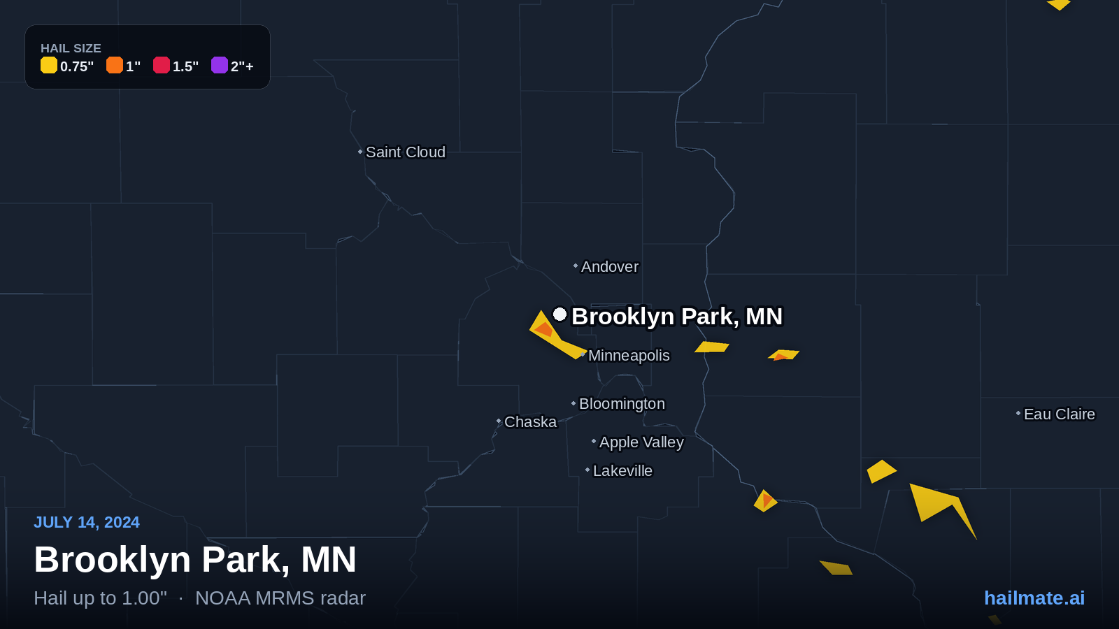 Hail swath map for Brooklyn Park, MN on July 14, 2024 showing 1.00 inch hail.