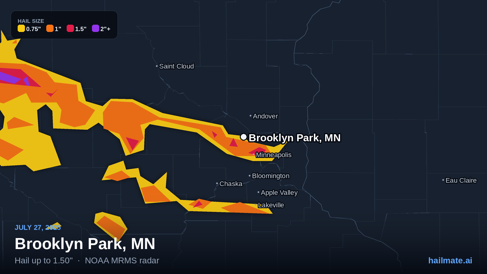 Hail swath map for Brooklyn Park, MN on July 27, 2025 showing 1.50 inch hail.