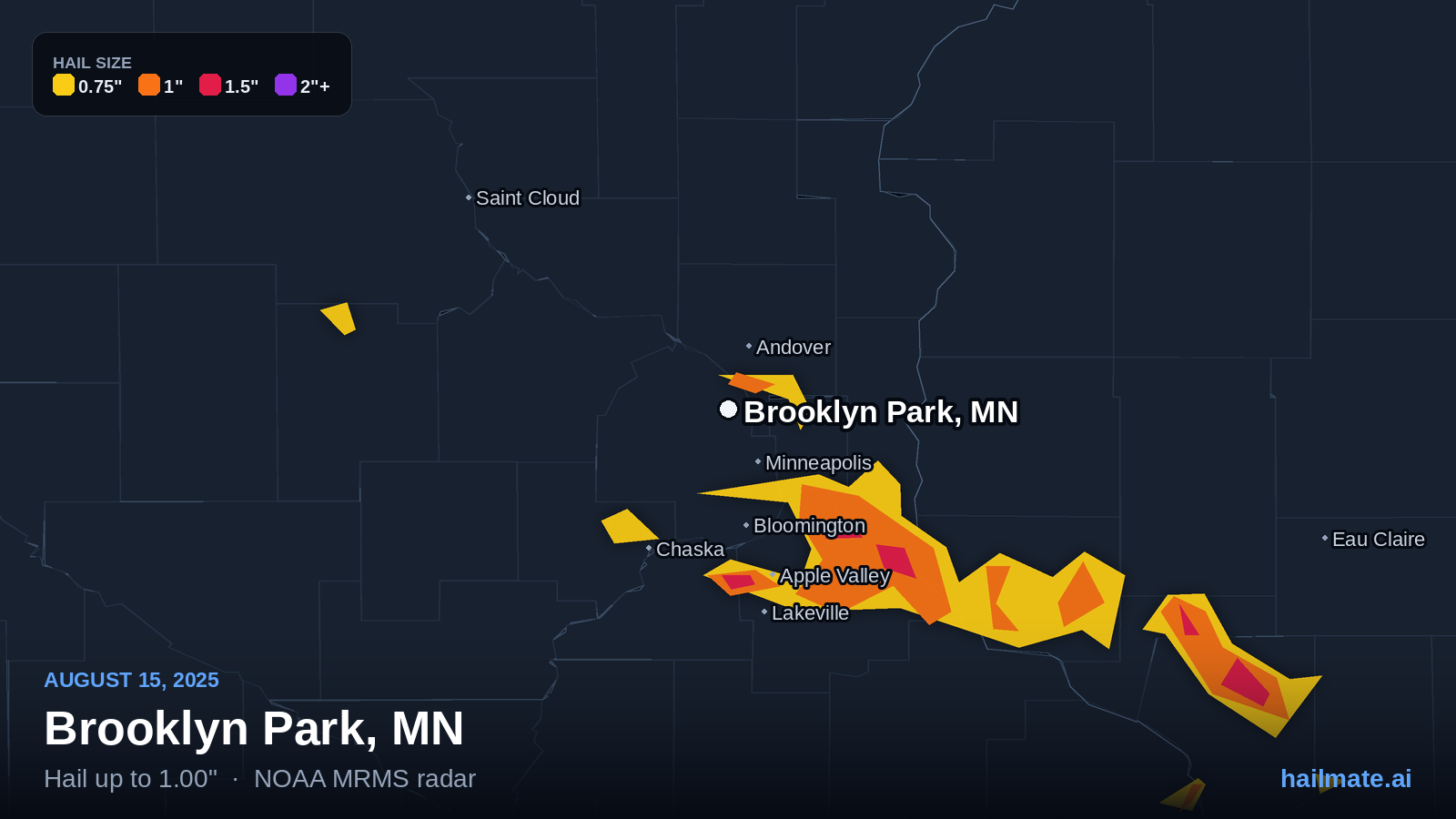Hail swath map for Brooklyn Park, MN on August 15, 2025 showing 1.00 inch hail.