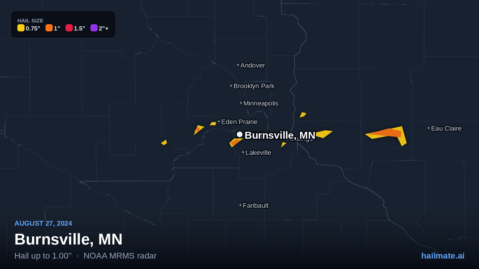 Hail swath map for Burnsville, MN on August 27, 2024 showing 1.00 inch hail.