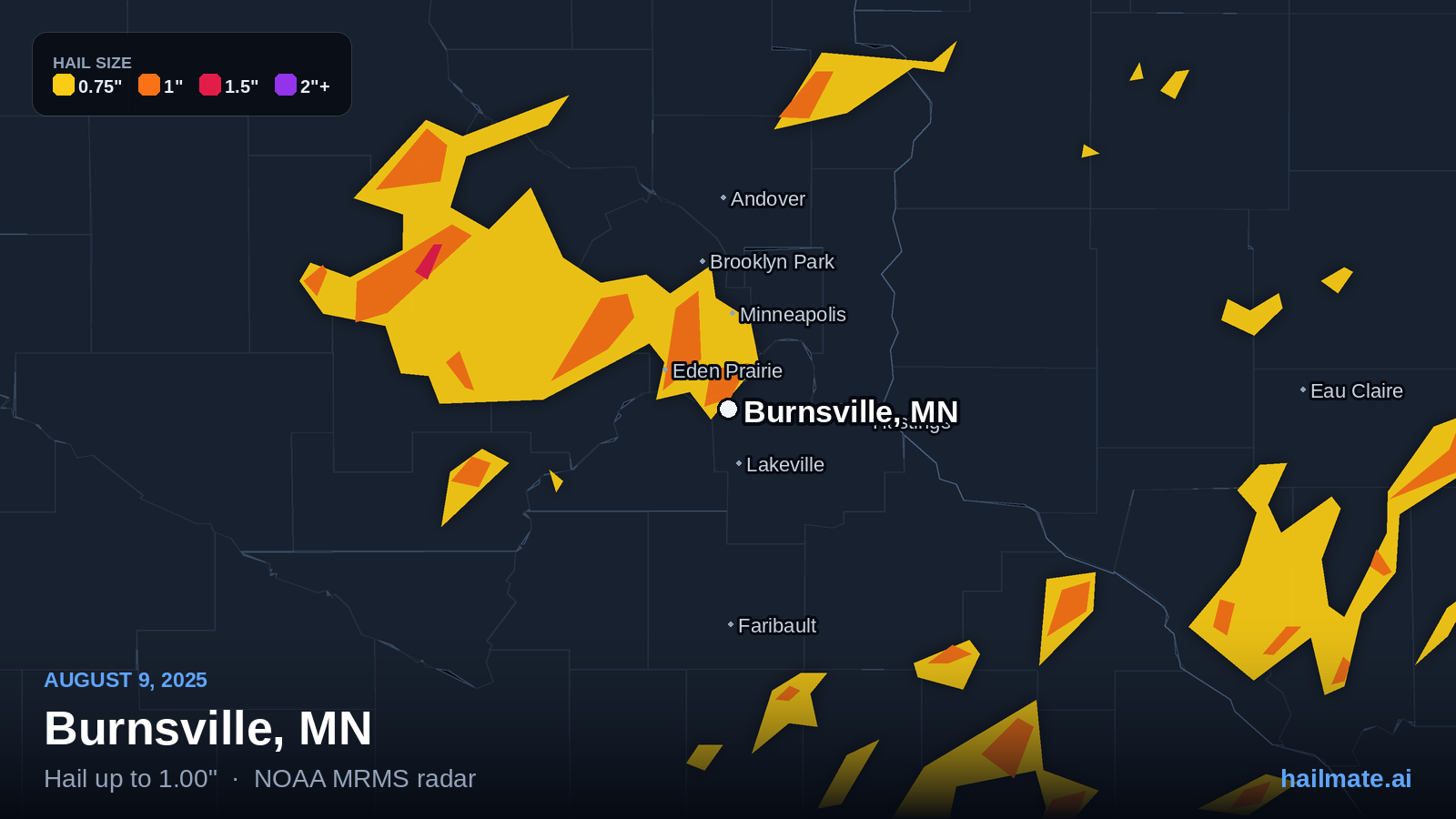 Hail swath map for Burnsville, MN on August 9, 2025 showing 1.00 inch hail.