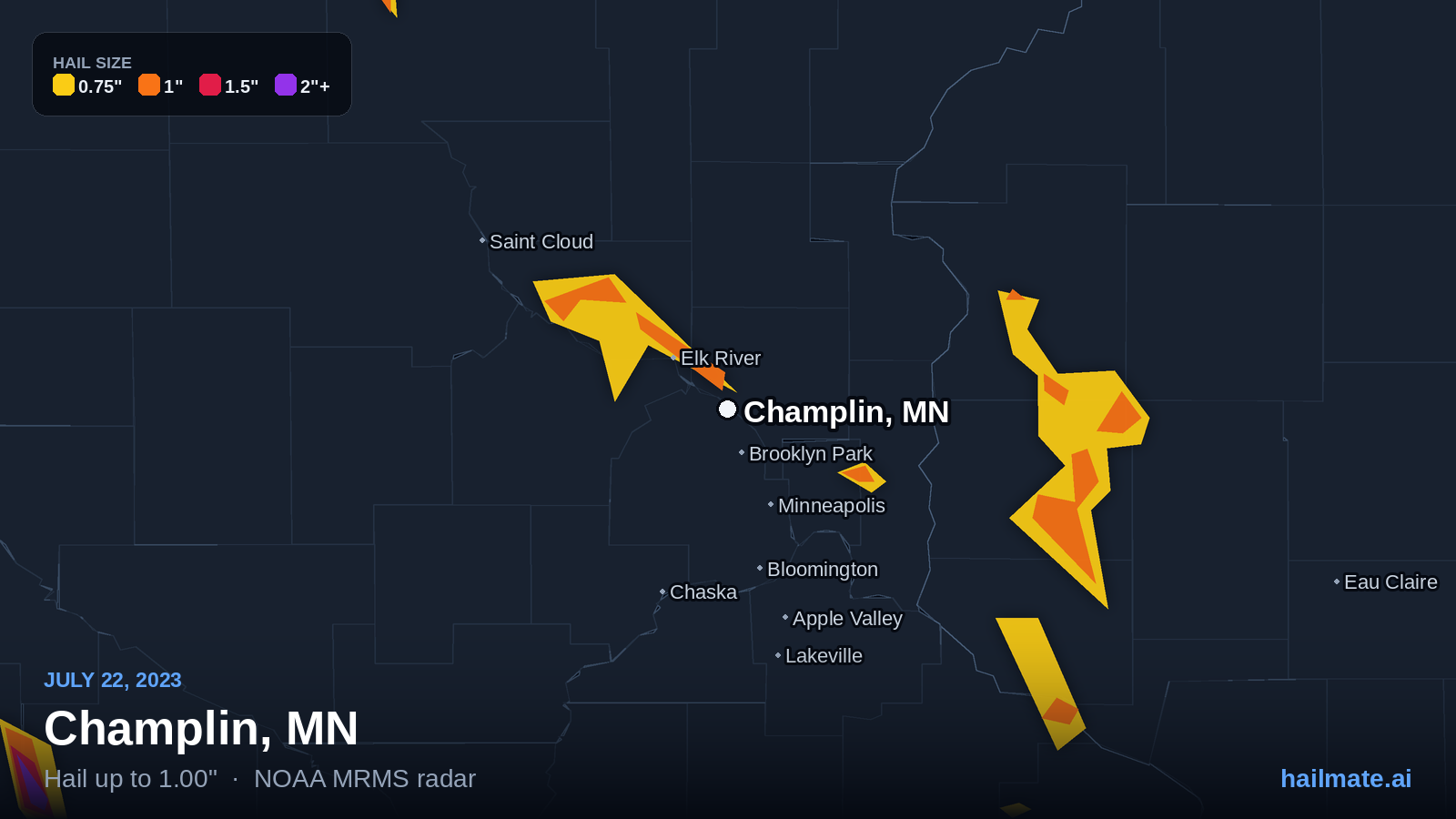 Hail swath map for Champlin, MN on July 22, 2023 showing 1.00 inch hail.