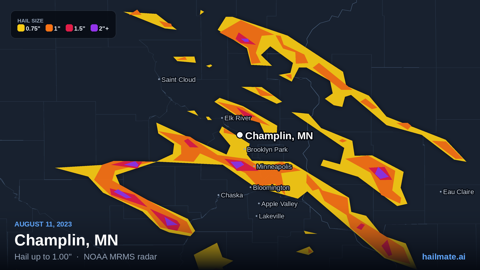 Hail swath map for Champlin, MN on August 11, 2023 showing 1.00 inch hail.