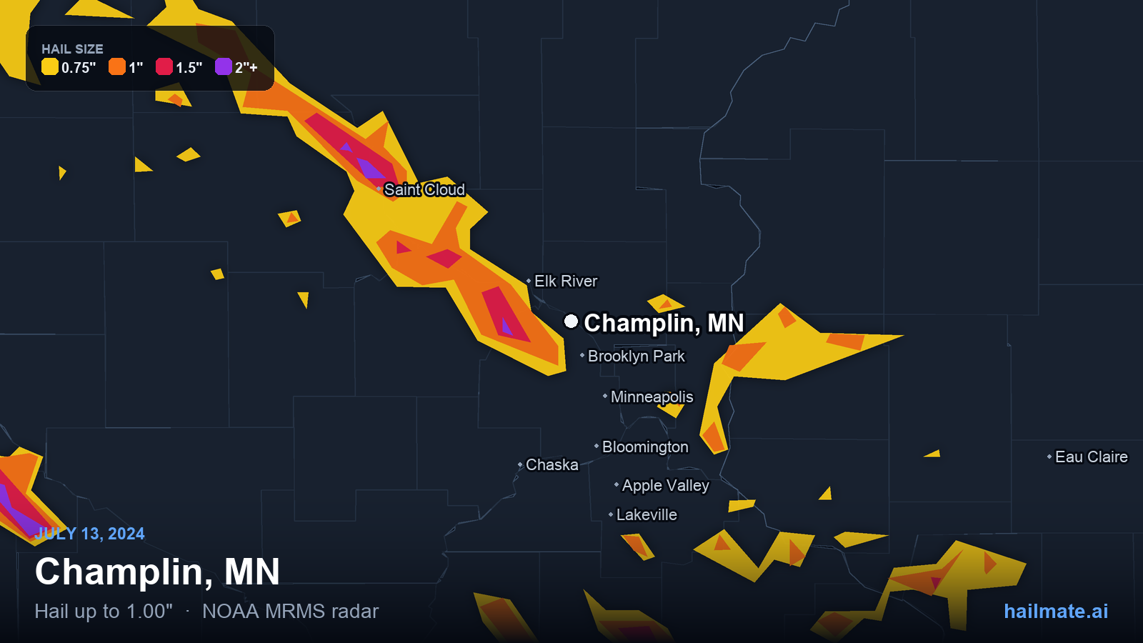 Hail swath map for Champlin, MN on July 13, 2024 showing 1.00 inch hail.