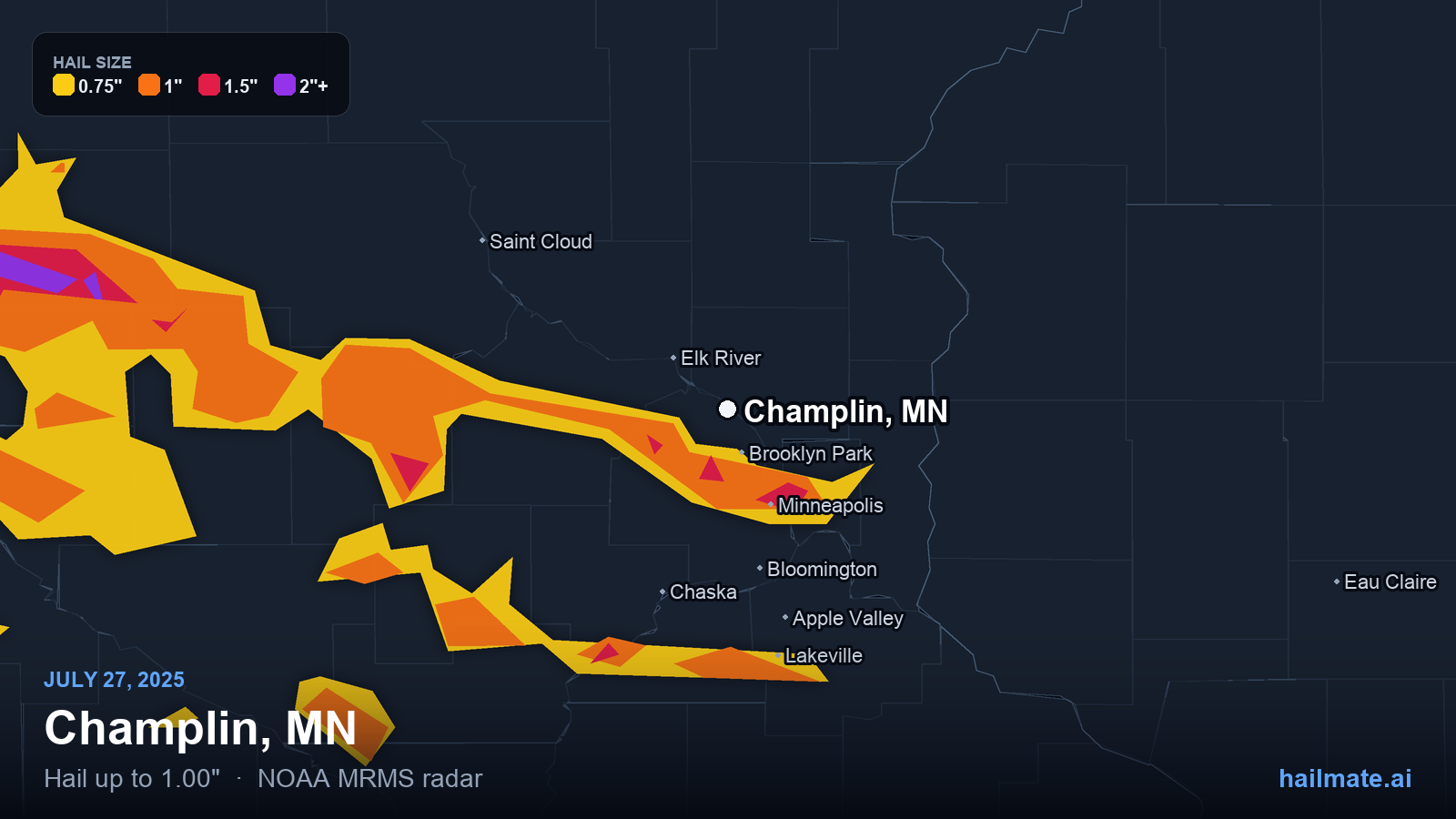 Hail swath map for Champlin, MN on July 27, 2025 showing 1.00 inch hail.