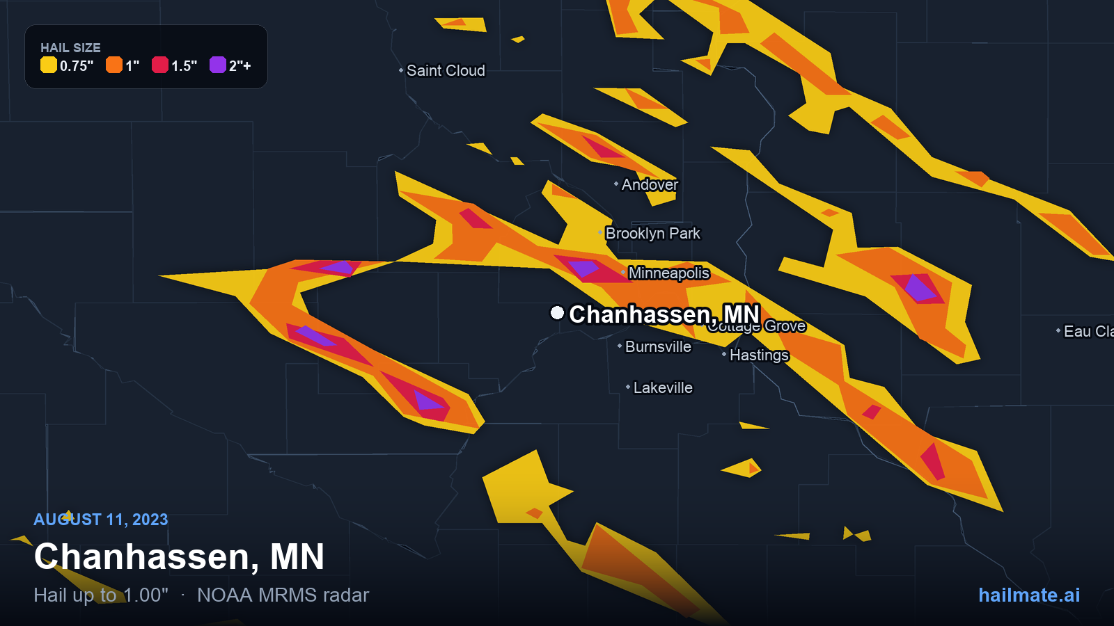 Hail swath map for Chanhassen, MN on August 11, 2023 showing 1.00 inch hail.