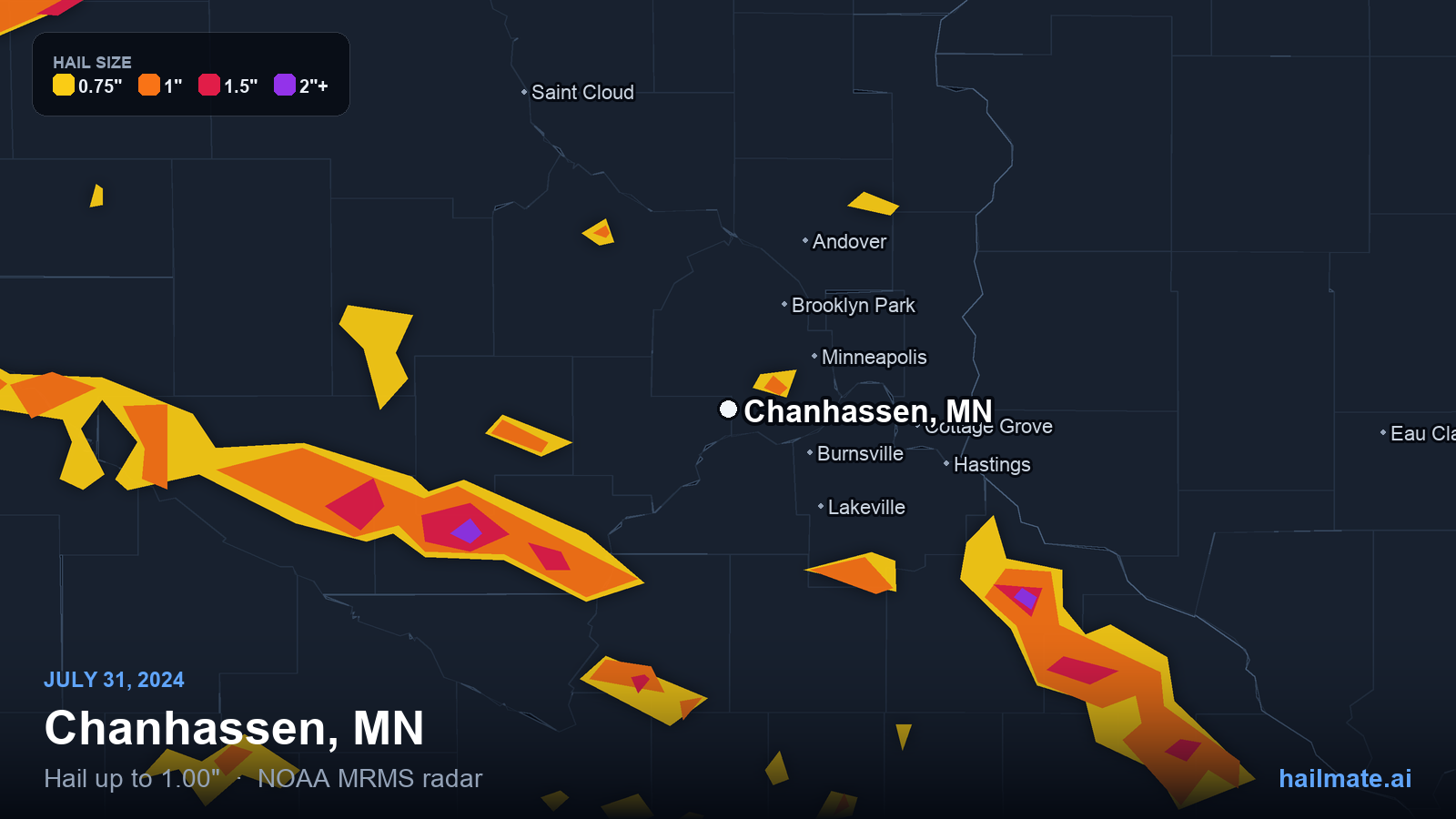 Hail swath map for Chanhassen, MN on July 31, 2024 showing 1.00 inch hail.