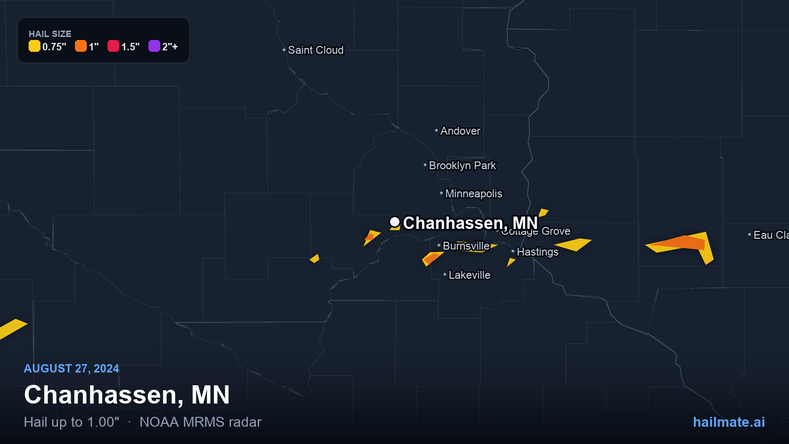 Hail swath map for Chanhassen, MN on August 27, 2024 showing 1.00 inch hail.
