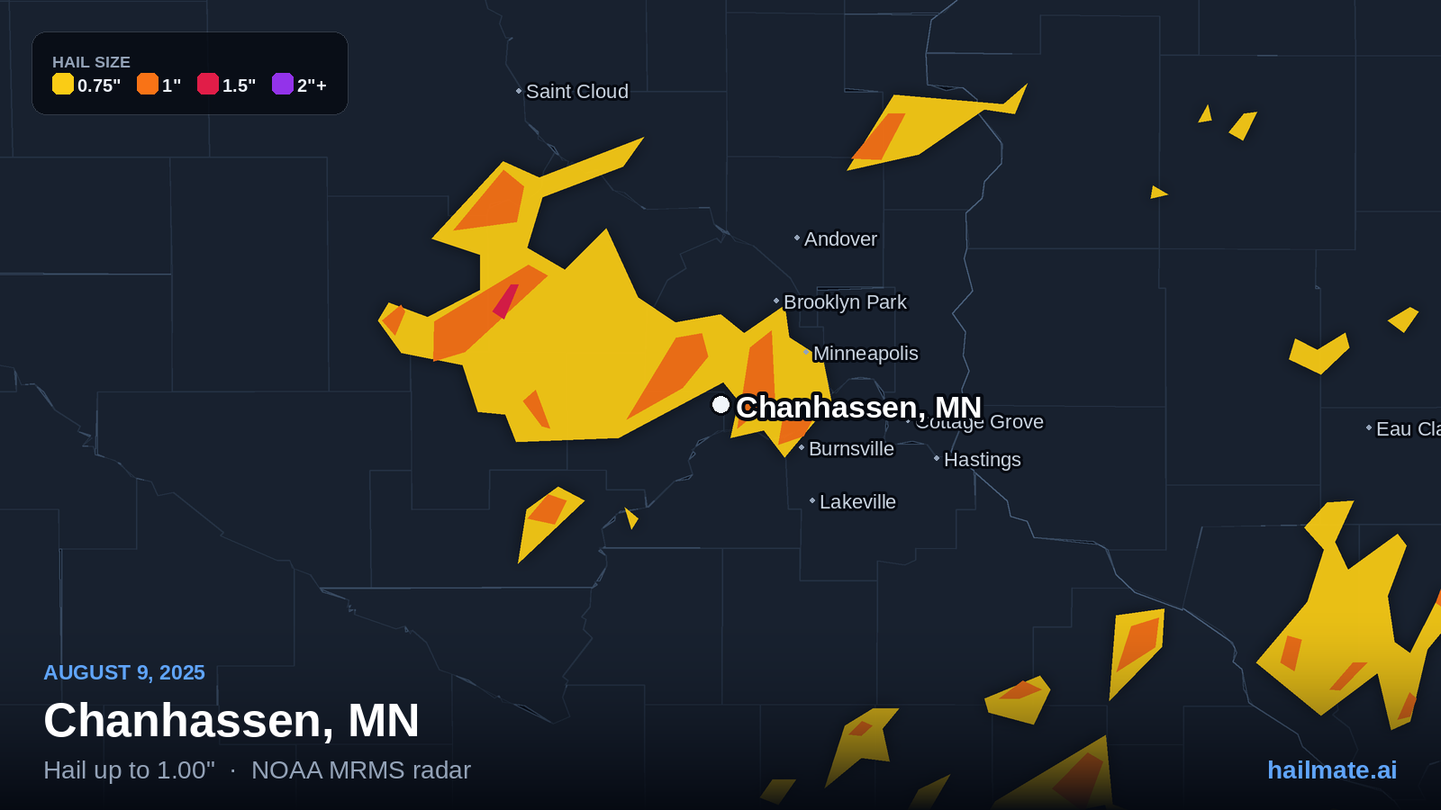 Hail swath map for Chanhassen, MN on August 9, 2025 showing 1.00 inch hail.