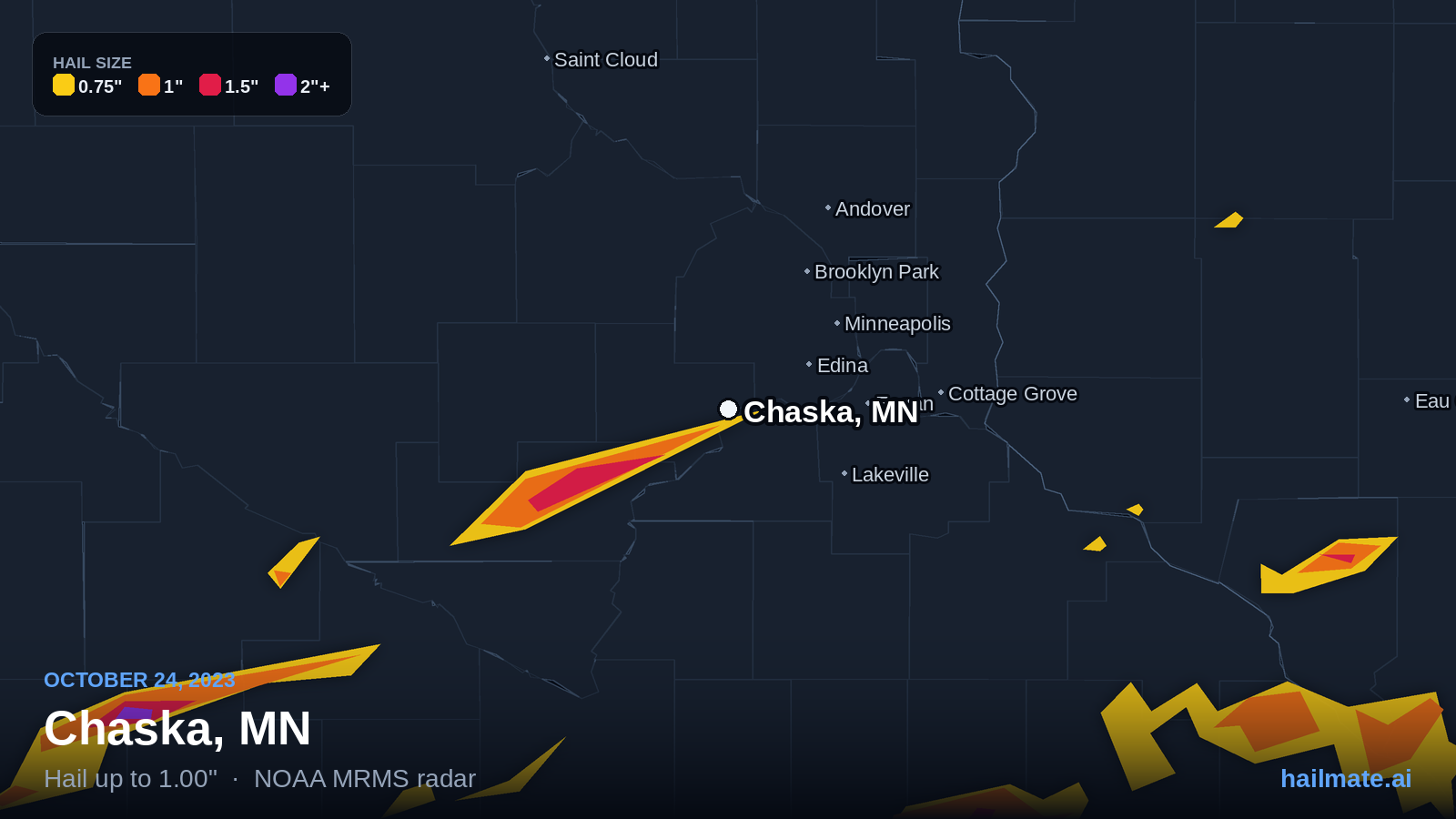 Hail swath map for Chaska, MN on October 24, 2023 showing 1.00 inch hail.