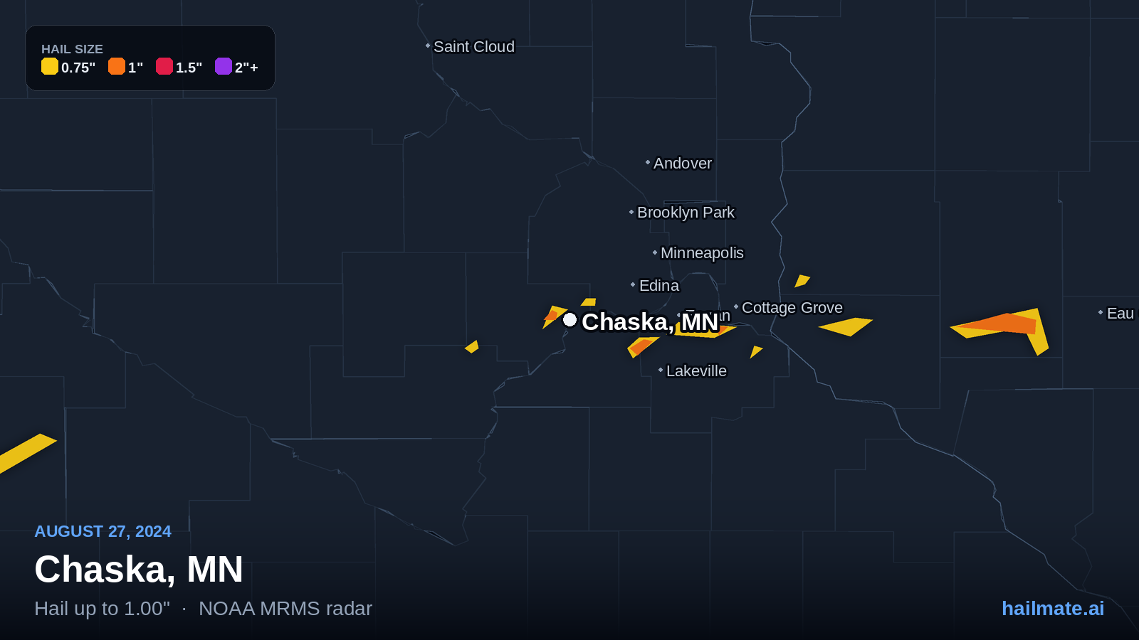 Hail swath map for Chaska, MN on August 27, 2024 showing 1.00 inch hail.