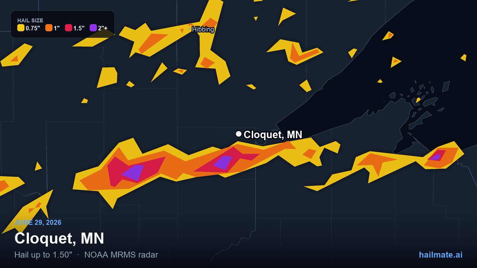 Hail swath map for Cloquet, MN on June 29, 2026 showing 1.50 inch hail.