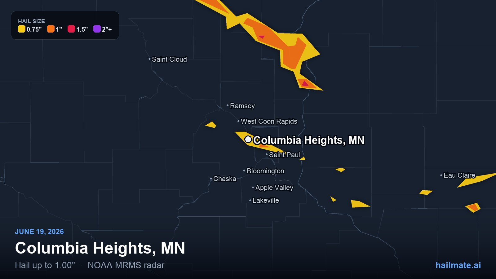 Hail swath map for Columbia Heights, MN on June 19, 2026 showing 1.00 inch hail.