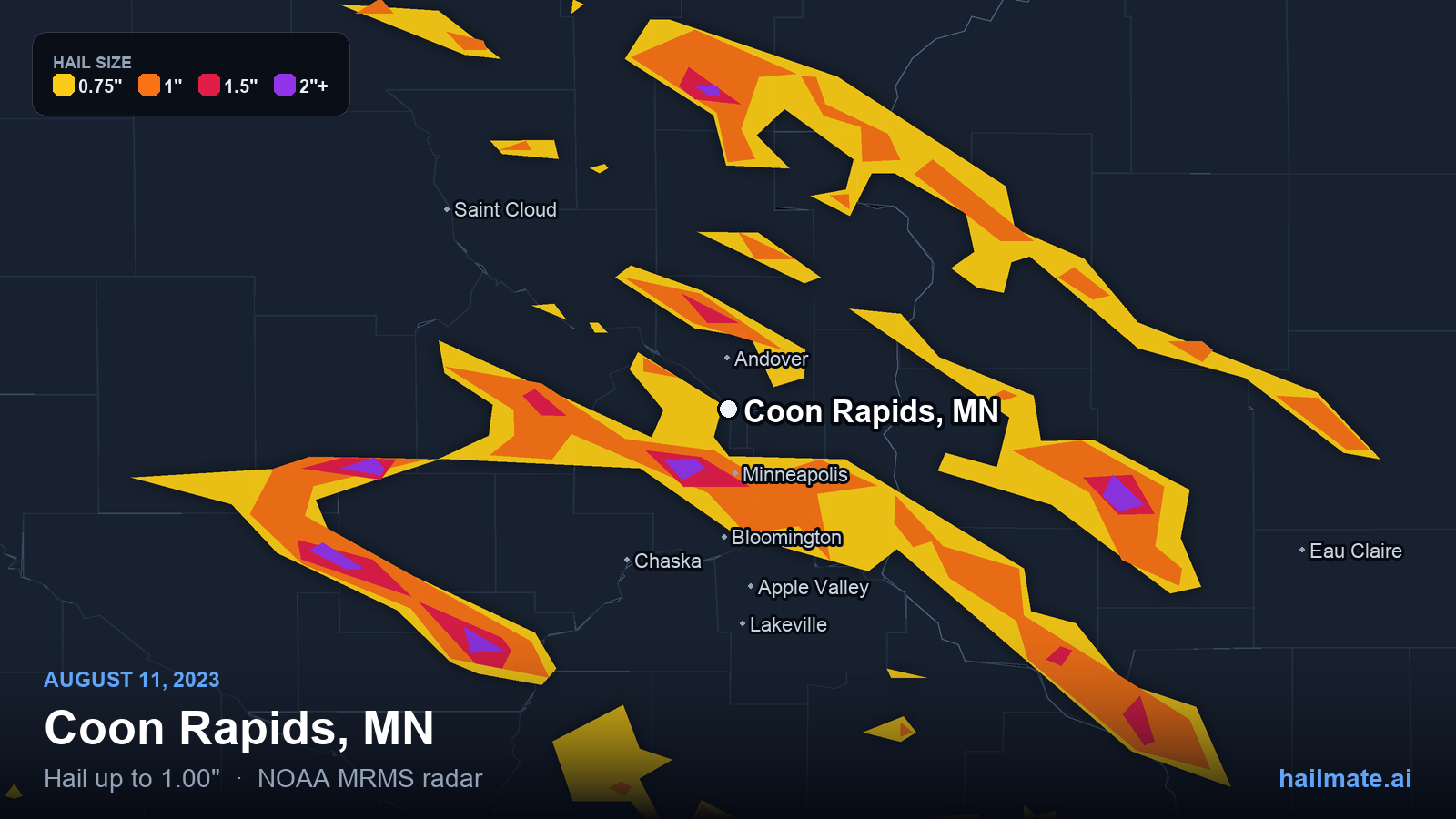 Hail swath map for Coon Rapids, MN on August 11, 2023 showing 1.00 inch hail.
