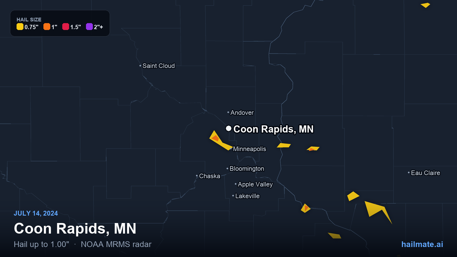 Hail swath map for Coon Rapids, MN on July 14, 2024 showing 1.00 inch hail.