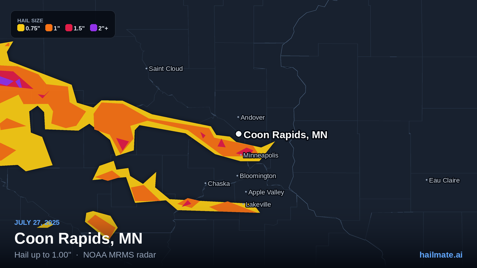 Hail swath map for Coon Rapids, MN on July 27, 2025 showing 1.00 inch hail.