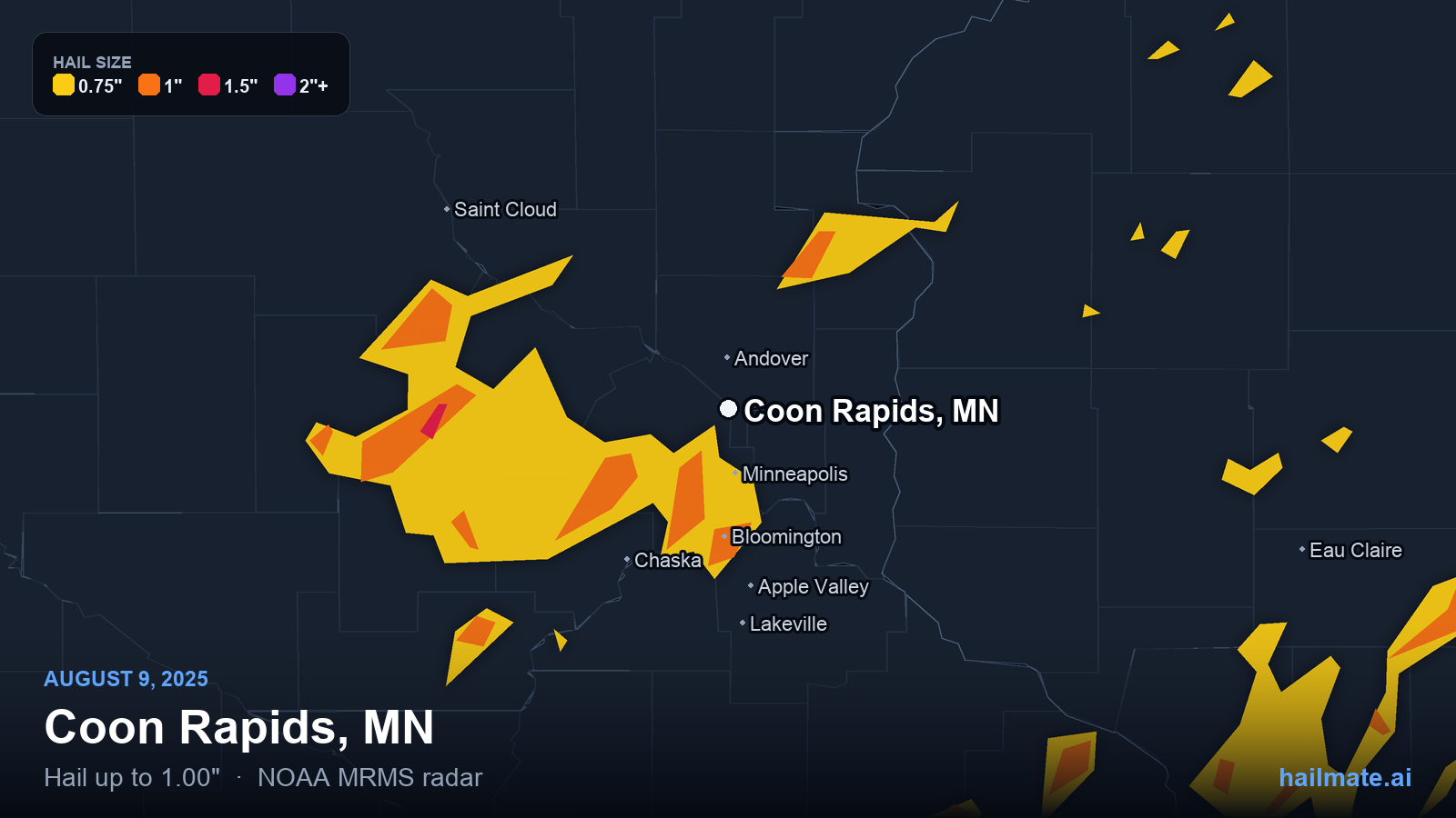 Hail swath map for Coon Rapids, MN on August 9, 2025 showing 1.00 inch hail.