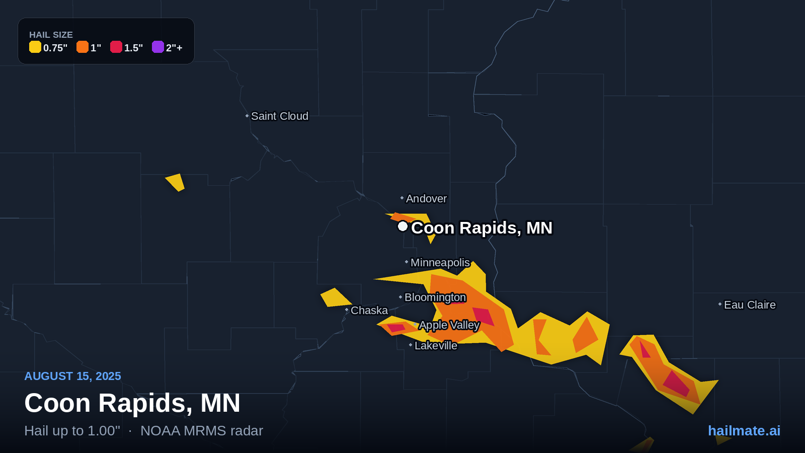 Hail swath map for Coon Rapids, MN on August 15, 2025 showing 1.00 inch hail.